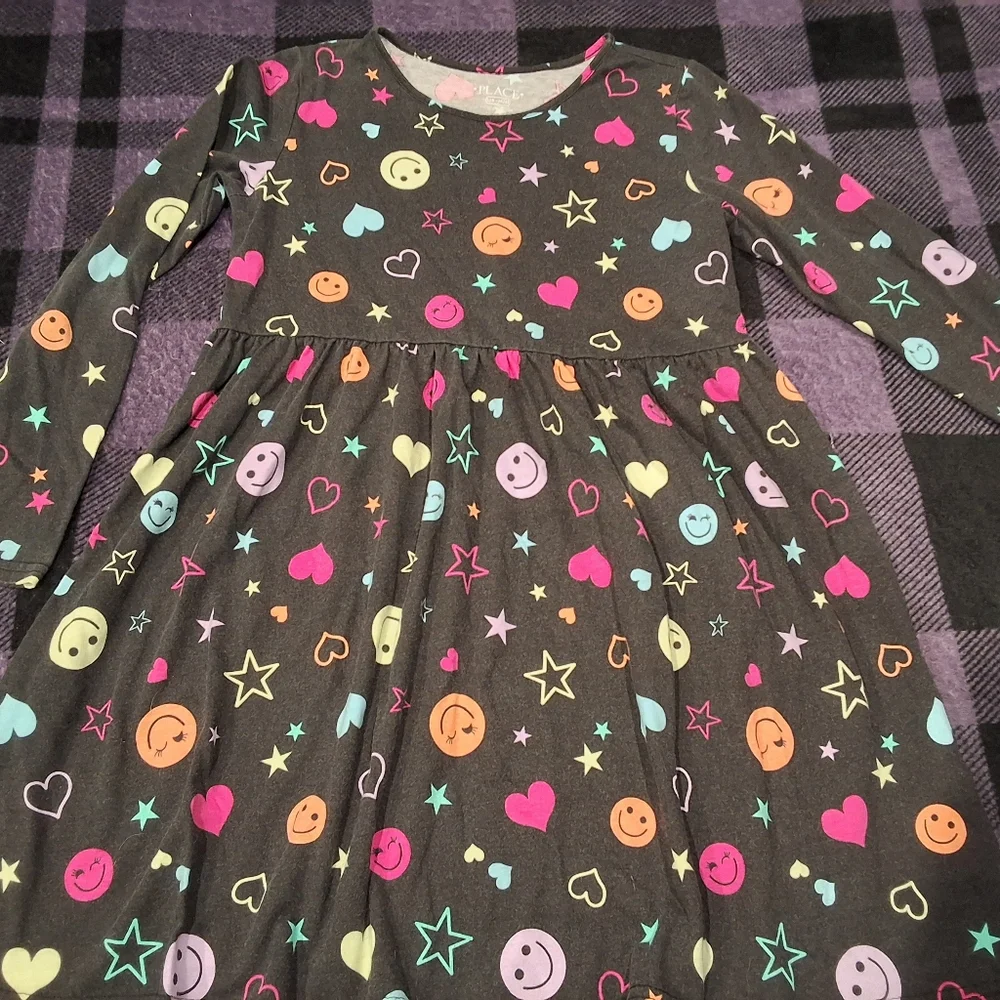 Girls' Black Smiley & Hearts Long Sleeve Dress